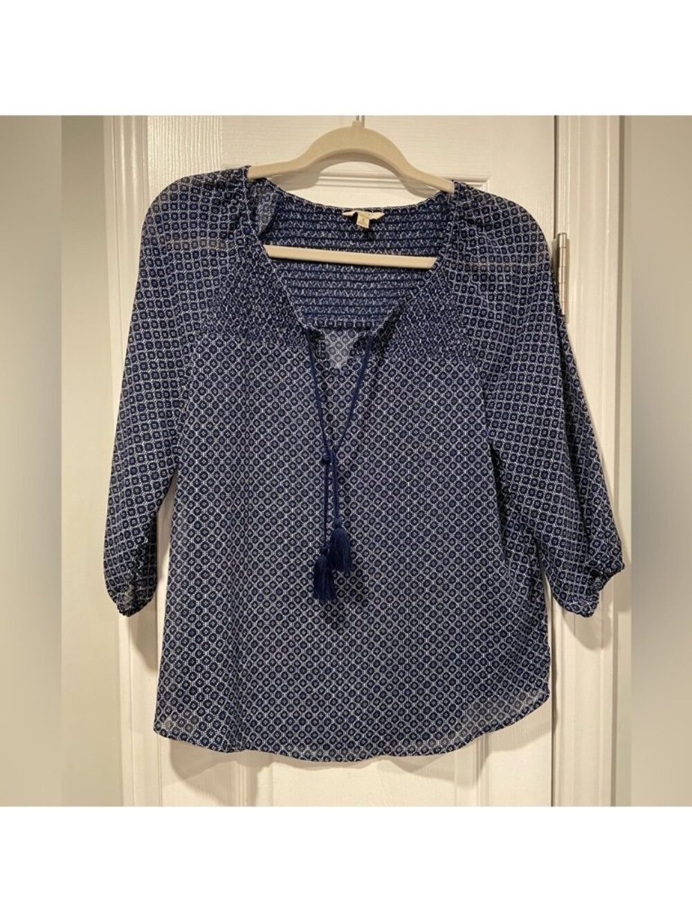 Sonoma Size MP Blue White Smocked V Neck Long Sleeve Sheer Tassel Peasant Blouse